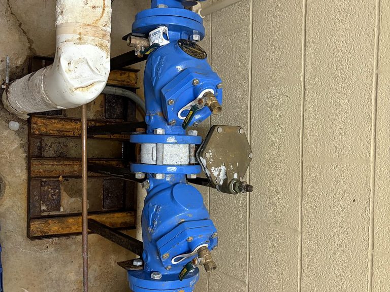 Tall blue double-check backflow assembly with test tag