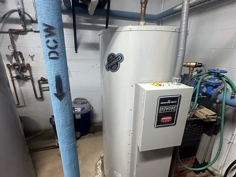 Commercial water heater with labeled cold water line