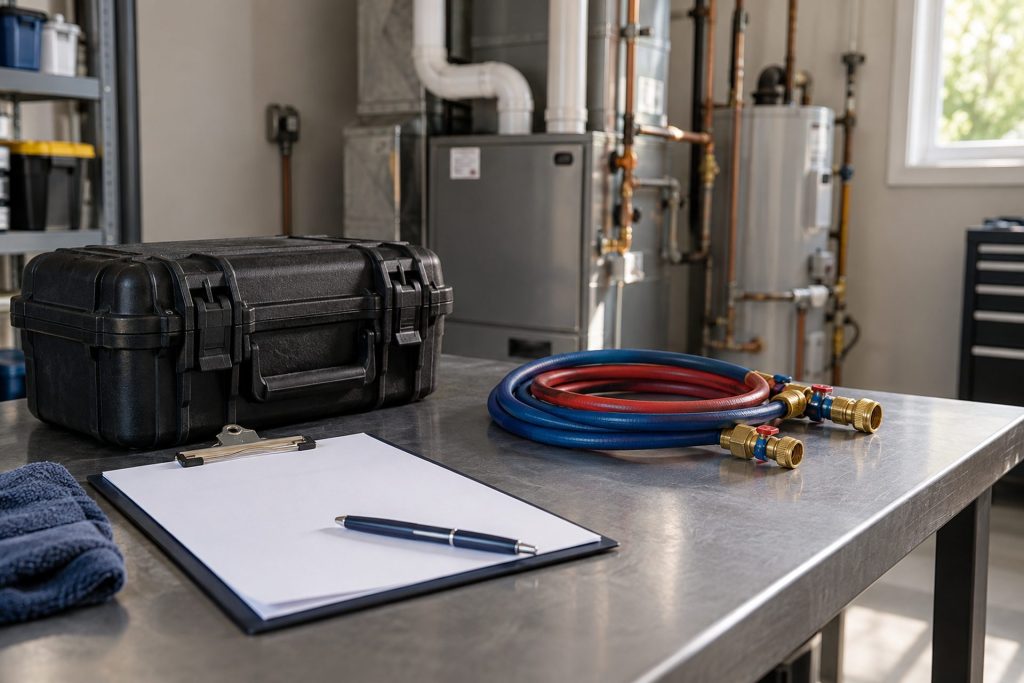 Backflow test kit and report clipboard on a stainless table