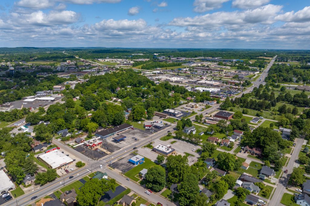 Aerial view of Bardstown, Kentucky along North Third Street