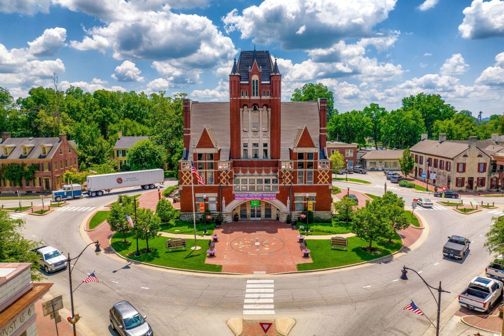The old Nelson County courthouse on the square in downtown Bardstown, Kentucky, from above