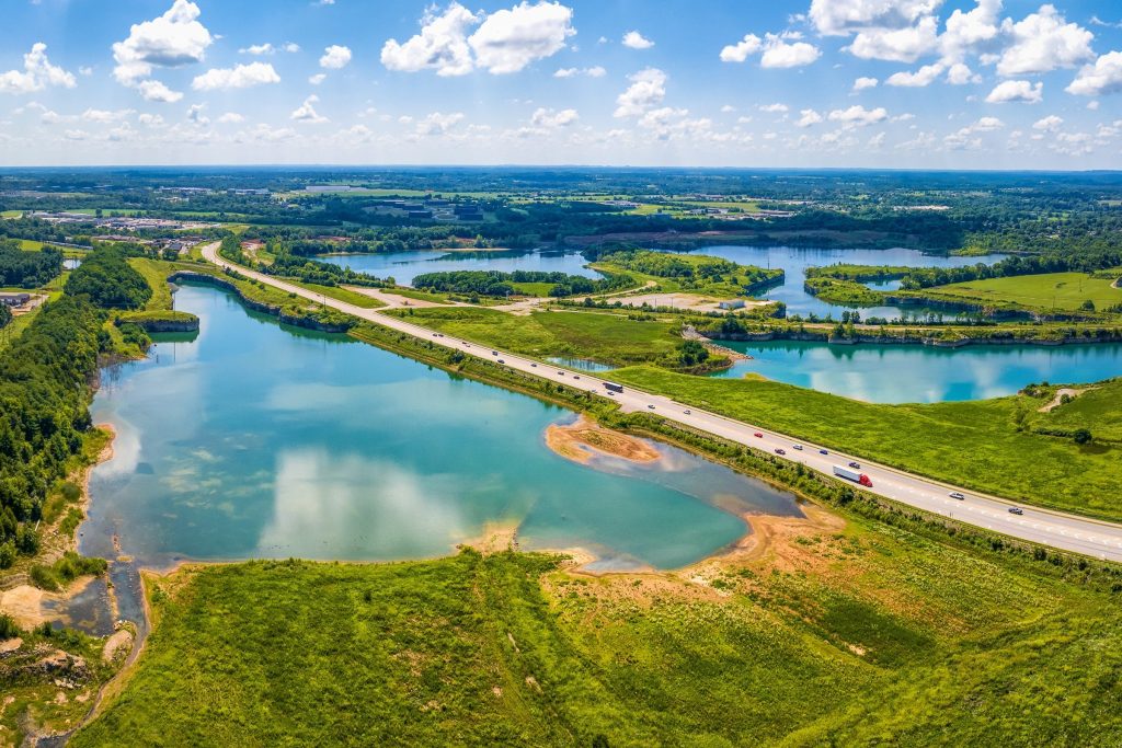 Quarry lakes and the highway outside Bardstown, Kentucky, from above