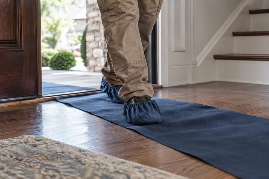 Boot covers and a runner protecting a hardwood entry