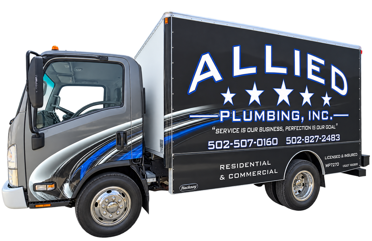 The Allied Plumbing box truck, lettered with the company name, phone numbers and the motto