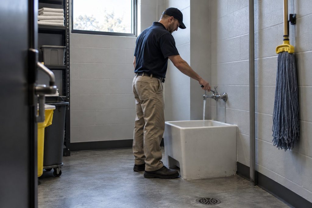 Plumber testing a commercial mop sink faucet
