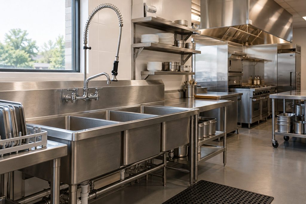 Stainless steel commercial kitchen sinks and pre-rinse faucet