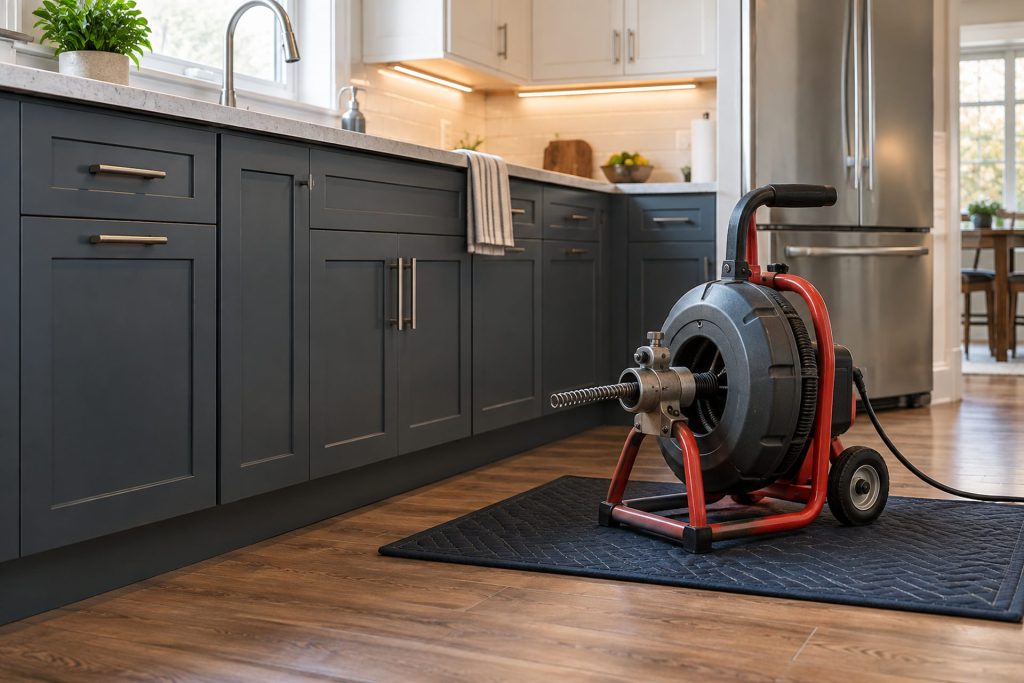 Drain cleaning machine set up on a protective mat in a kitchen
