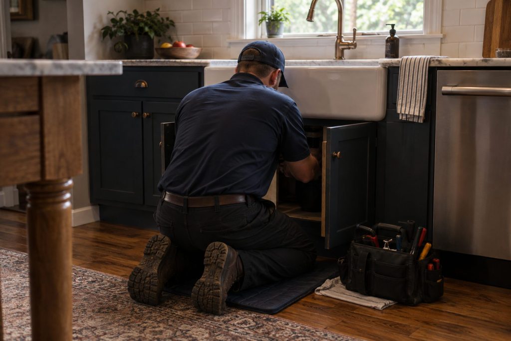 Plumber working under a kitchen sink on a protective mat