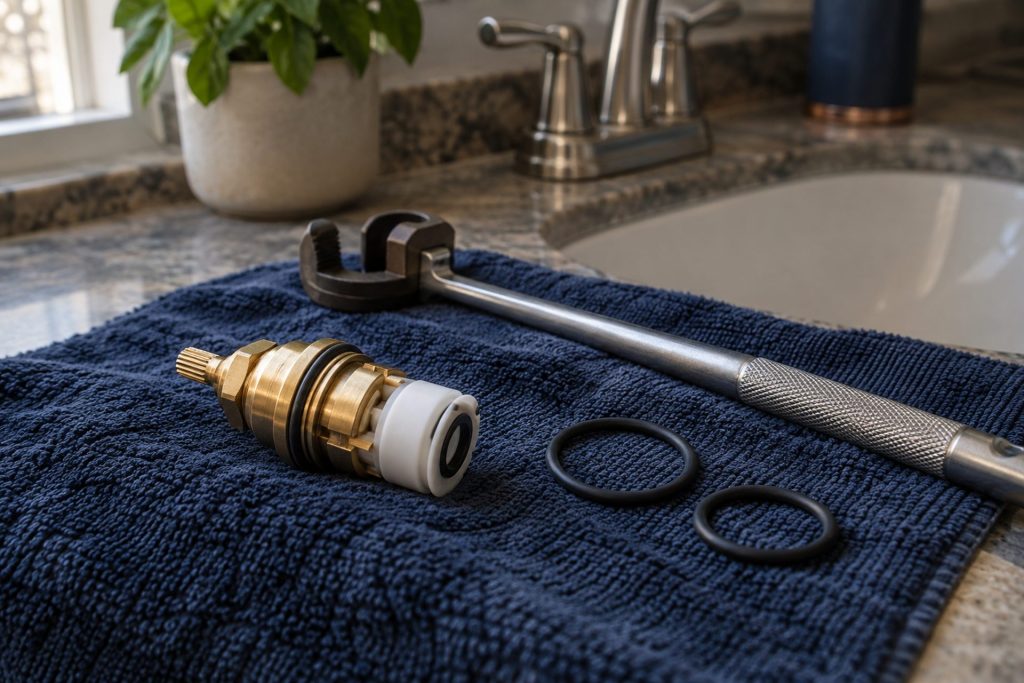 Faucet cartridge, O-rings and wrench on a towel