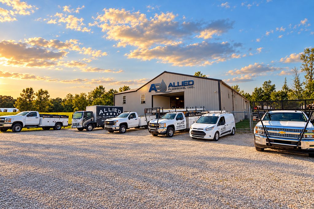 The Allied Plumbing fleet lined up outside the shop at sunset