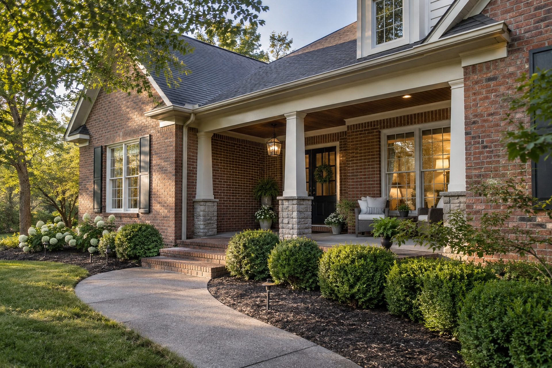 Brick home with a covered front porch on a clear afternoon