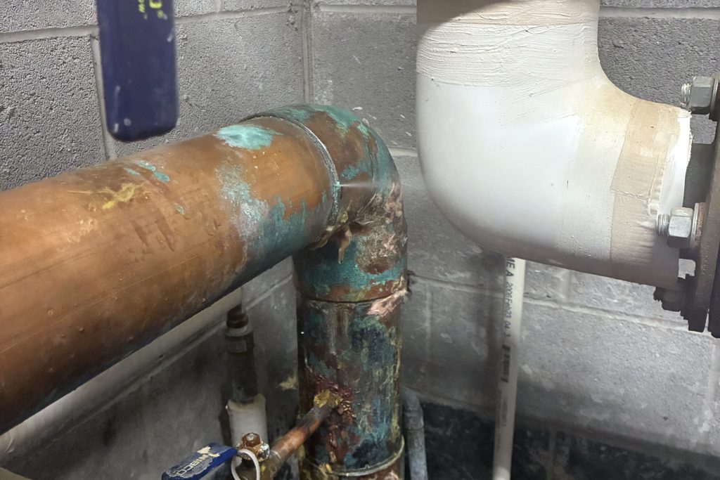 Corroded copper fitting found on a repair call