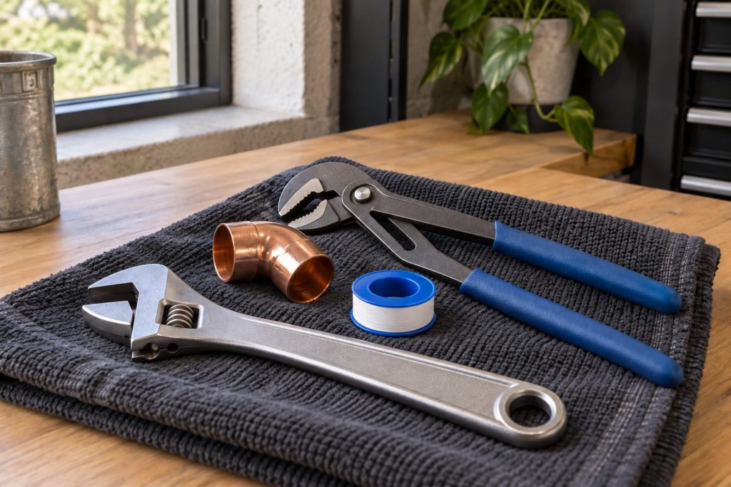 Plumbing wrenches, copper fitting and thread tape on a workbench