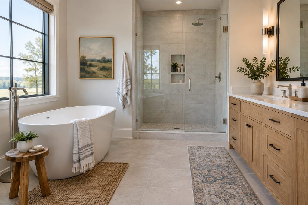 Renovated bathroom with freestanding tub and glass shower