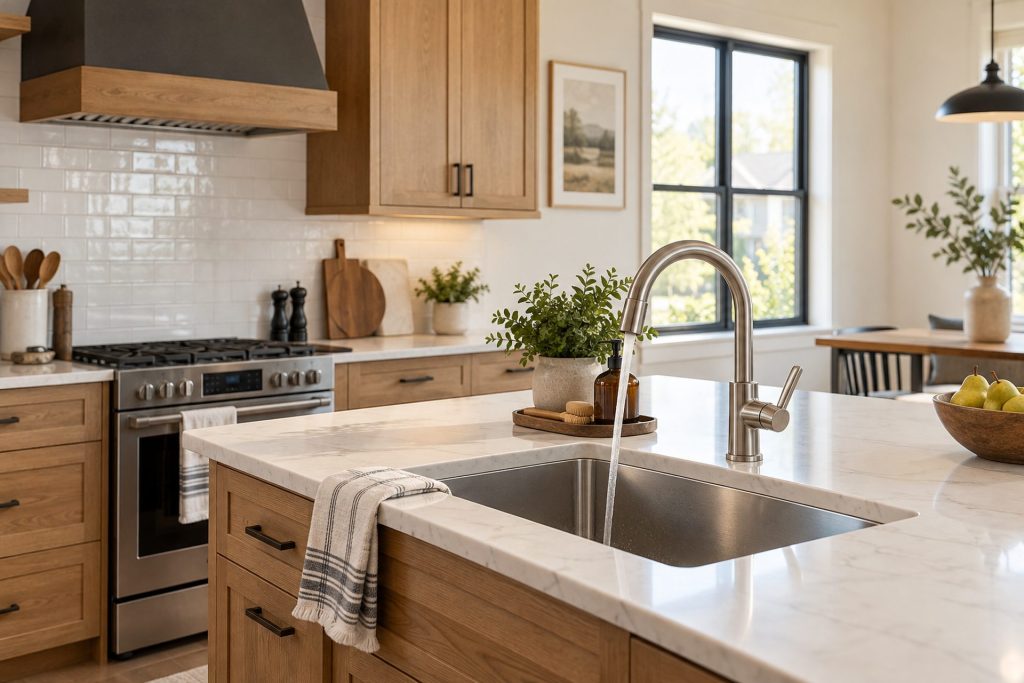 Kitchen sink and faucet in a bright kitchen