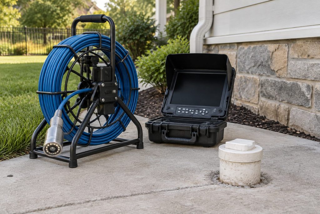 Sewer camera inspection reel and monitor at a cleanout