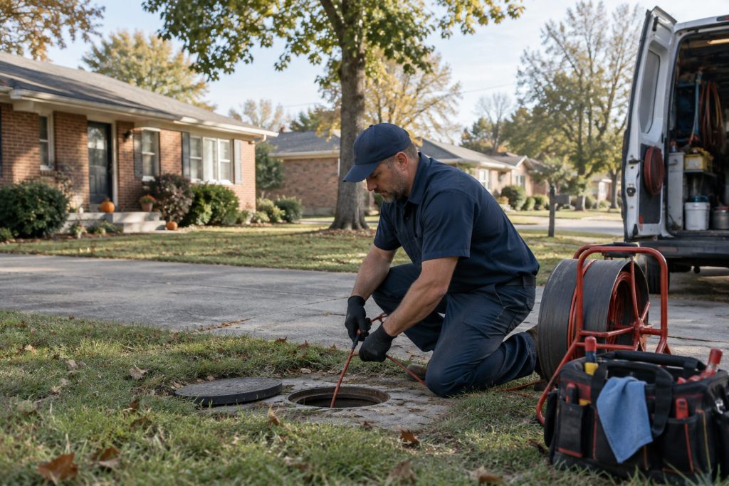 Plumber at a cleanout in a front yard with the van behind