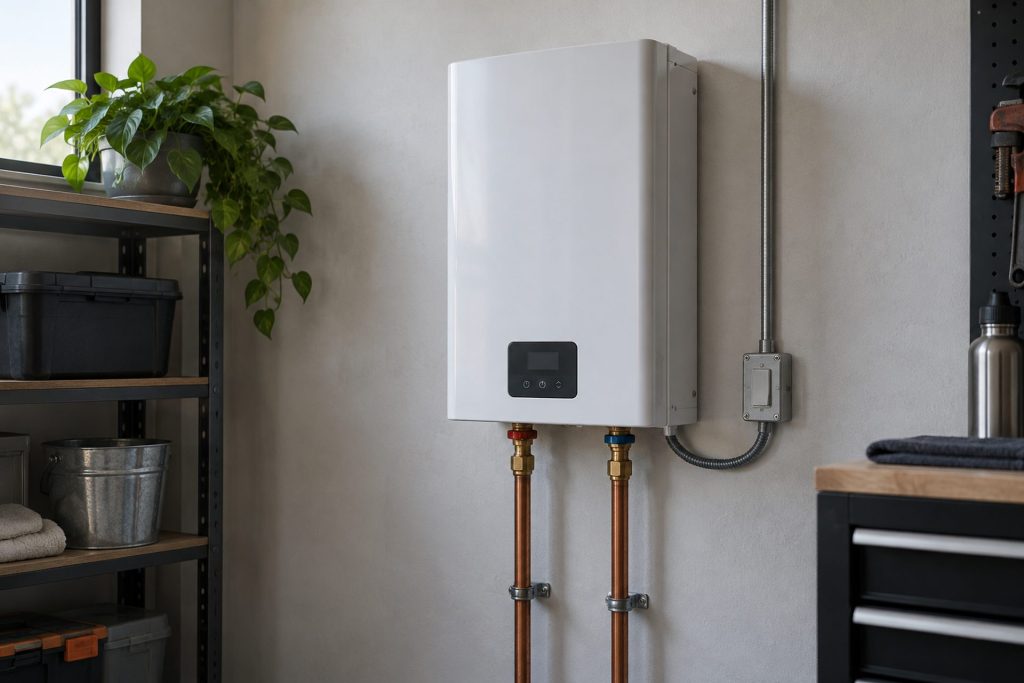 Tankless water heater mounted on a utility room wall