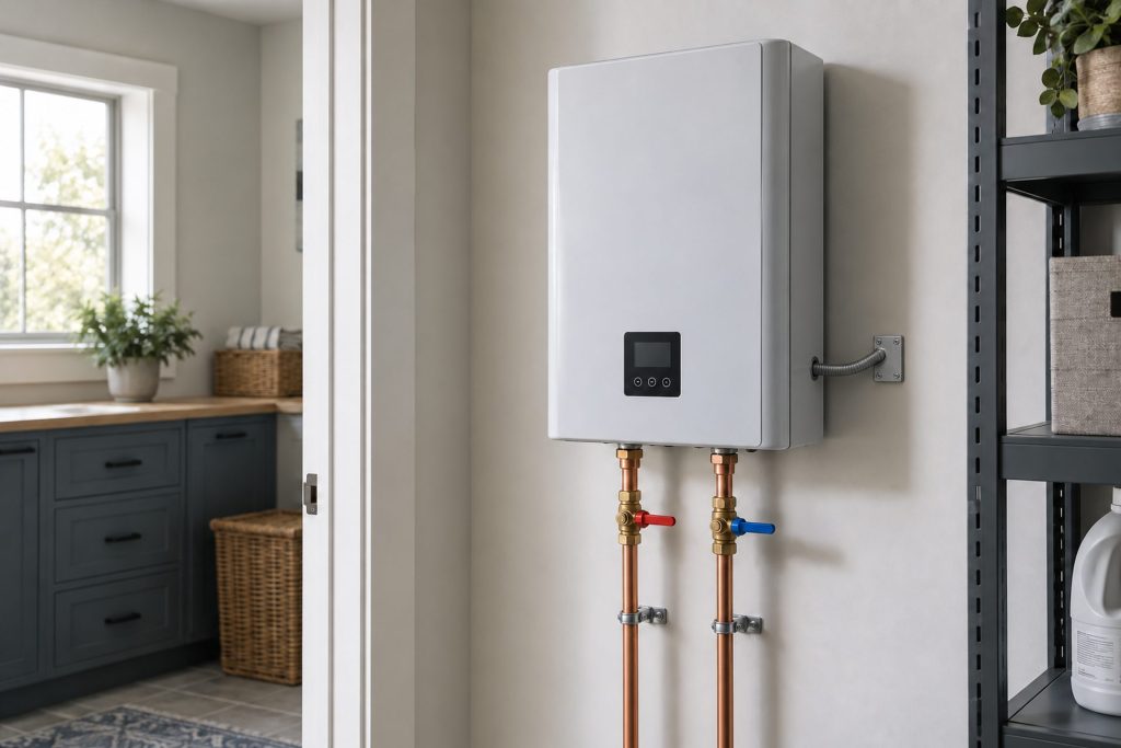 Wall-mounted tankless water heater with copper connections