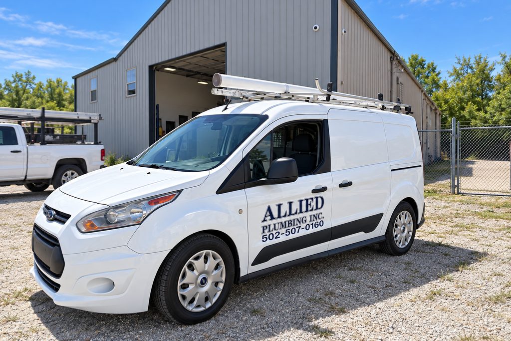 The Allied Plumbing hydro jetting van outside the shop in Bardstown, Kentucky