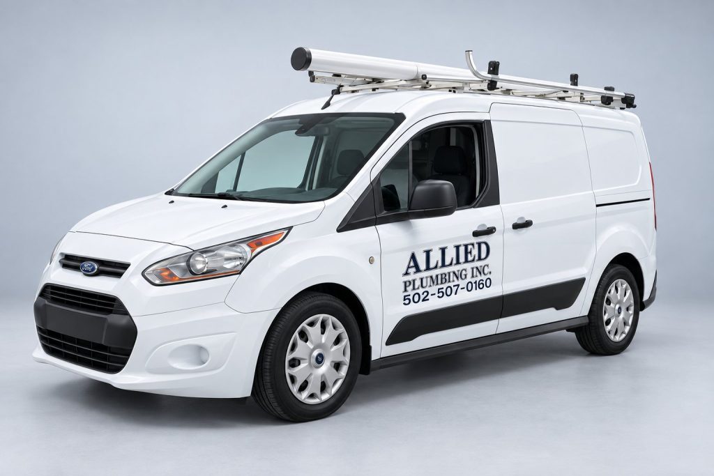 The Allied Plumbing hydro jetting van, a lettered Ford Transit Connect