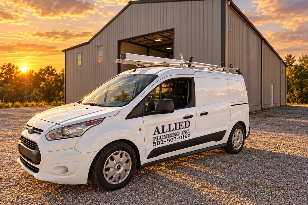 The Allied Plumbing hydro jetting van at the shop at sunset