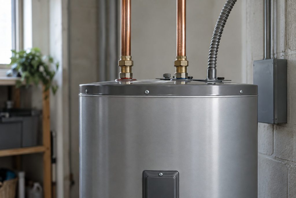 Close view of a tank water heater with copper connections